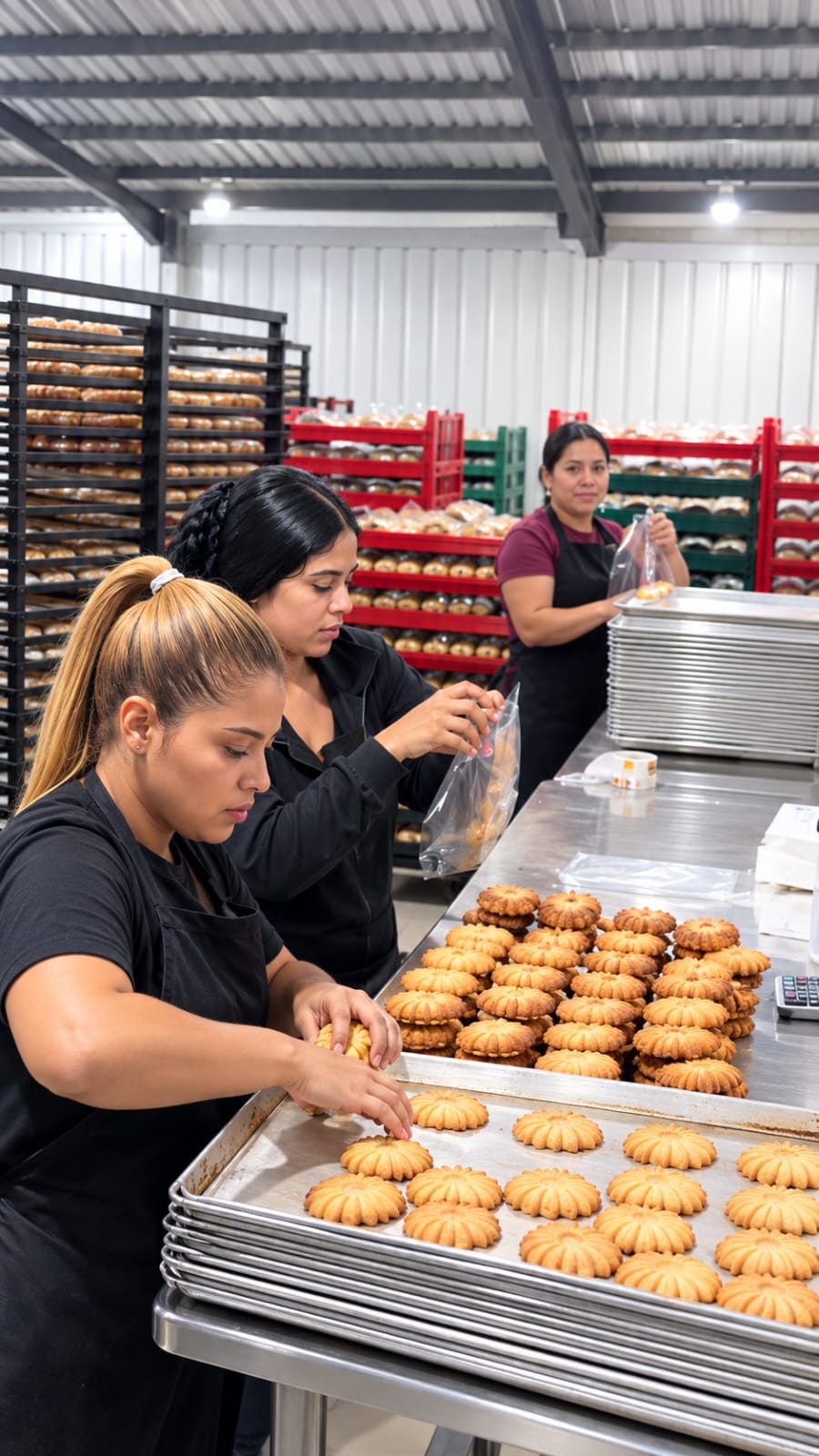 Equipo de La Francesa empacando galletas en la línea de producción